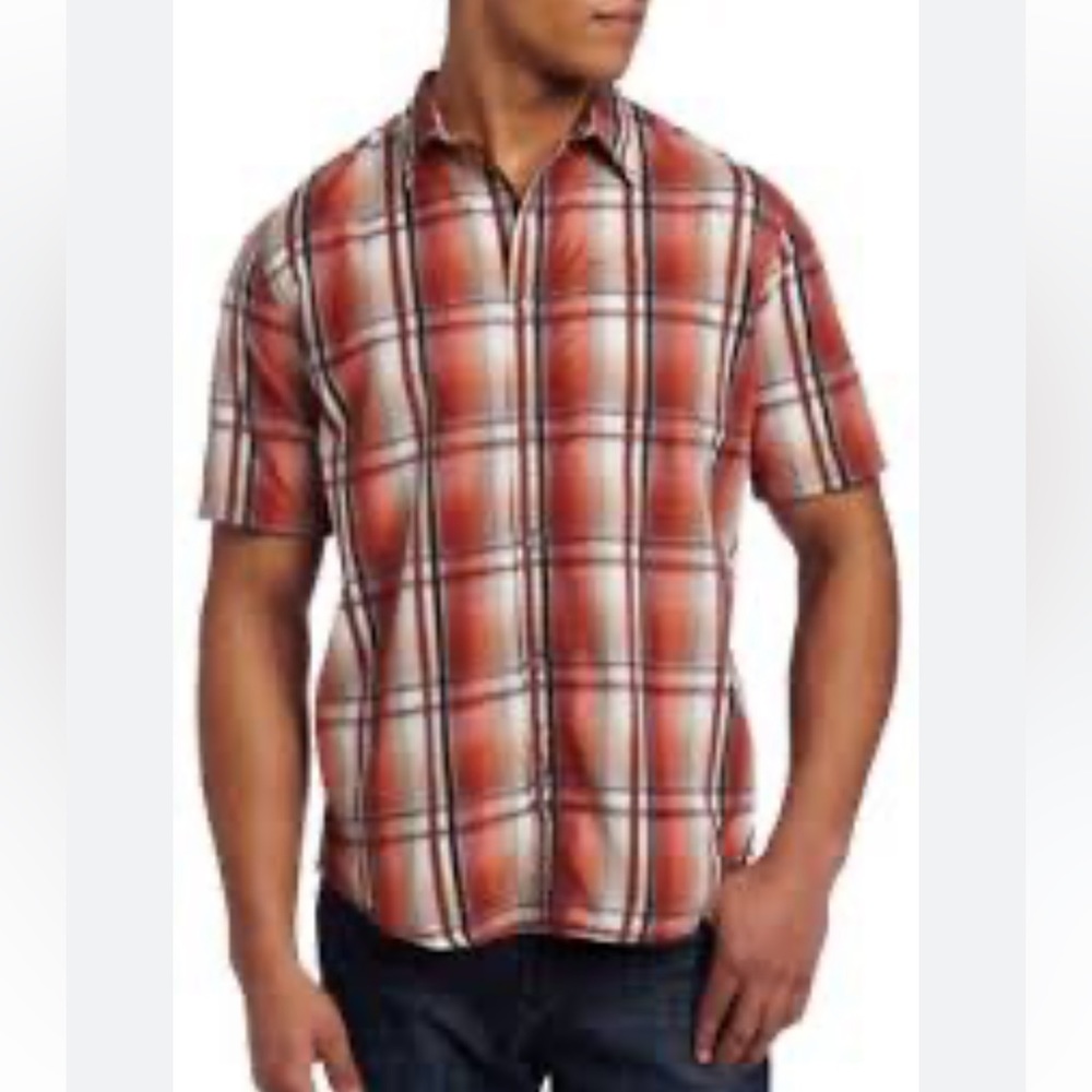 Prana Duke Short Sleeve Jacquard Orange Plaid Button Up Shirt Outdoor X-Large